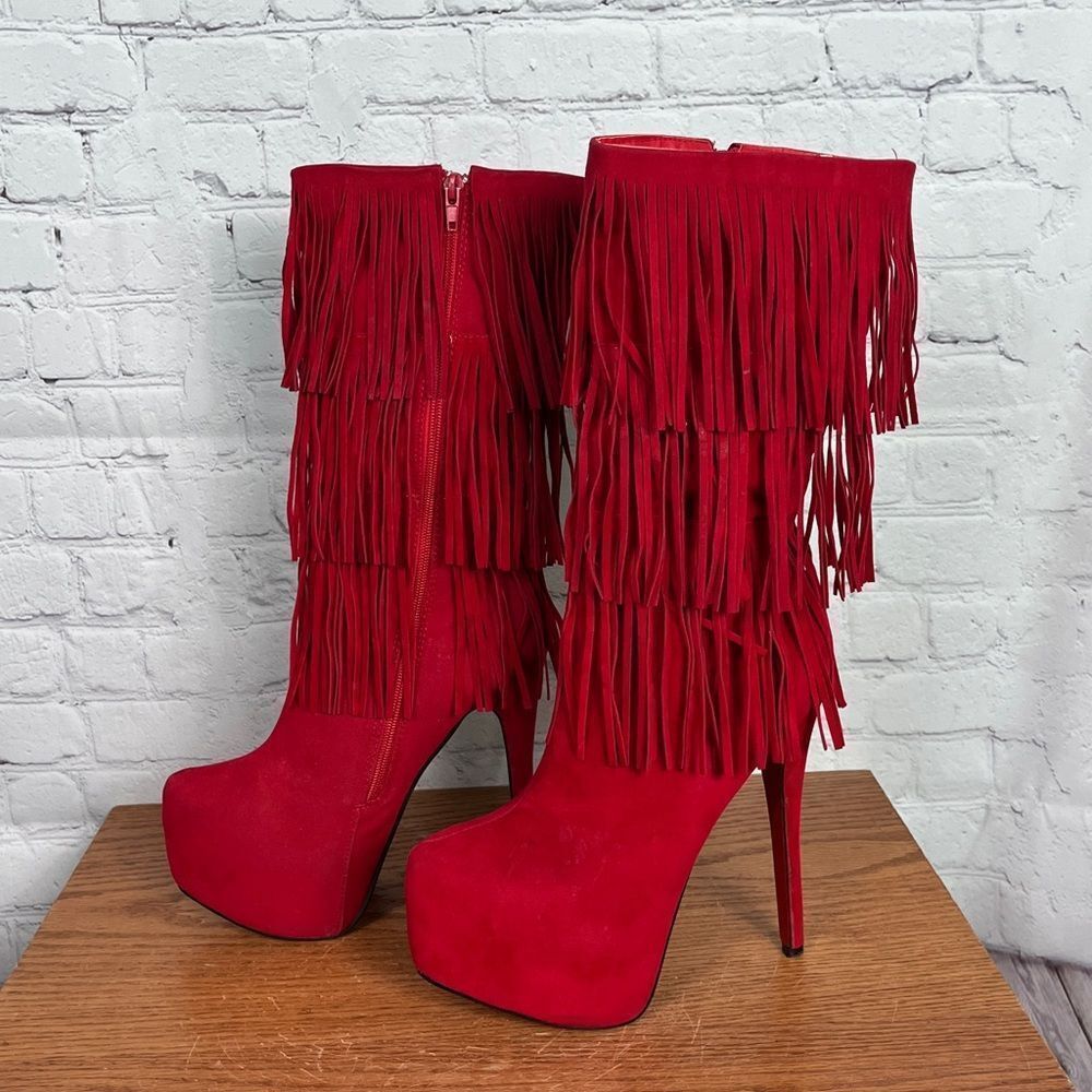 Fringed Red Faux Suede 6” High Heel Boots great for Halloween size 7